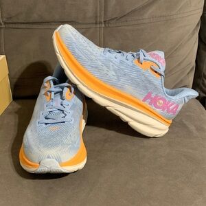 Hoka Clifton 9 Sneakers in Blue and Orange